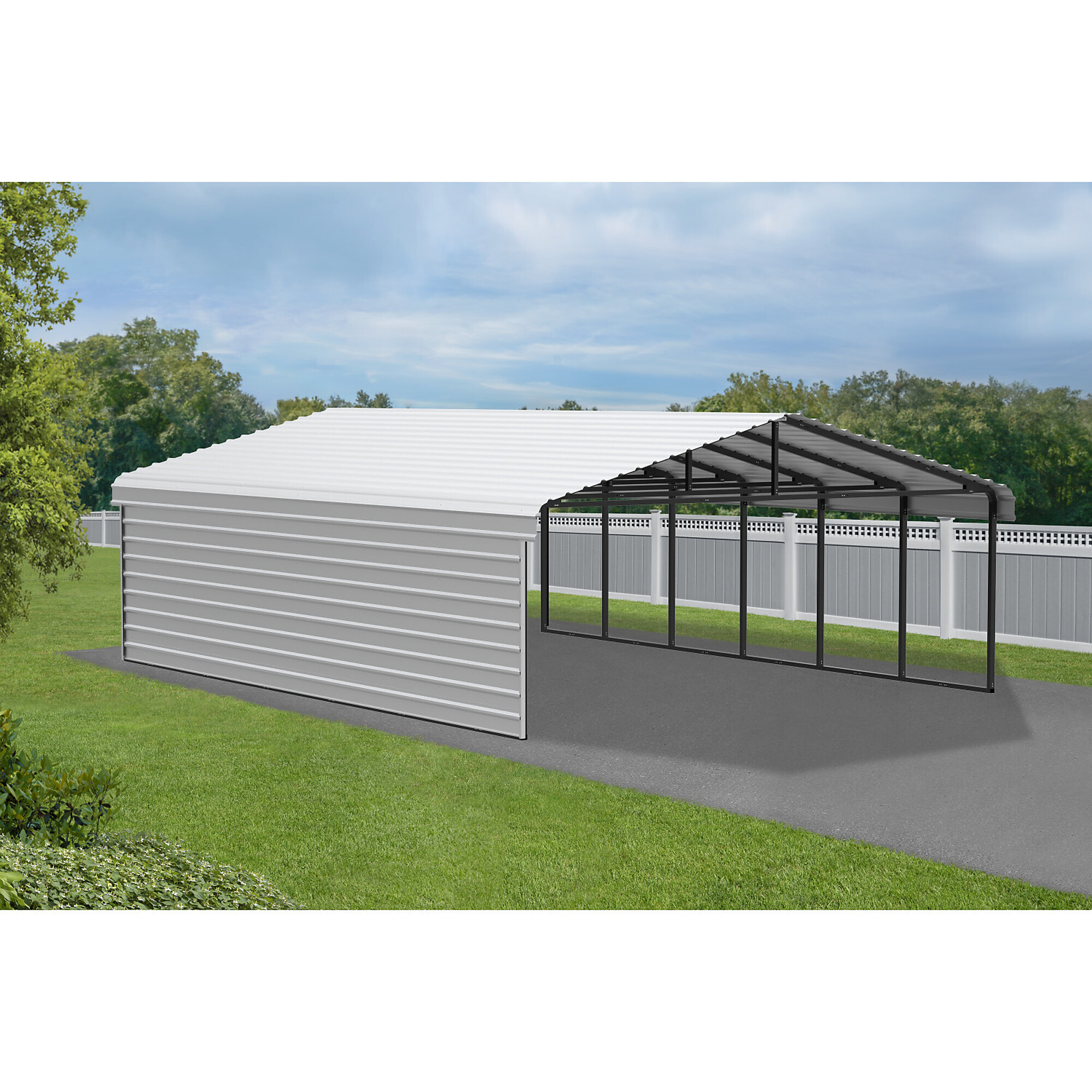 Arrow, Steel Carport w/ 1 Side Wall Kit 20x29x7 Width 243 in, Height 118 in, Cover Material Steel, Model# CPH202907ECL1
